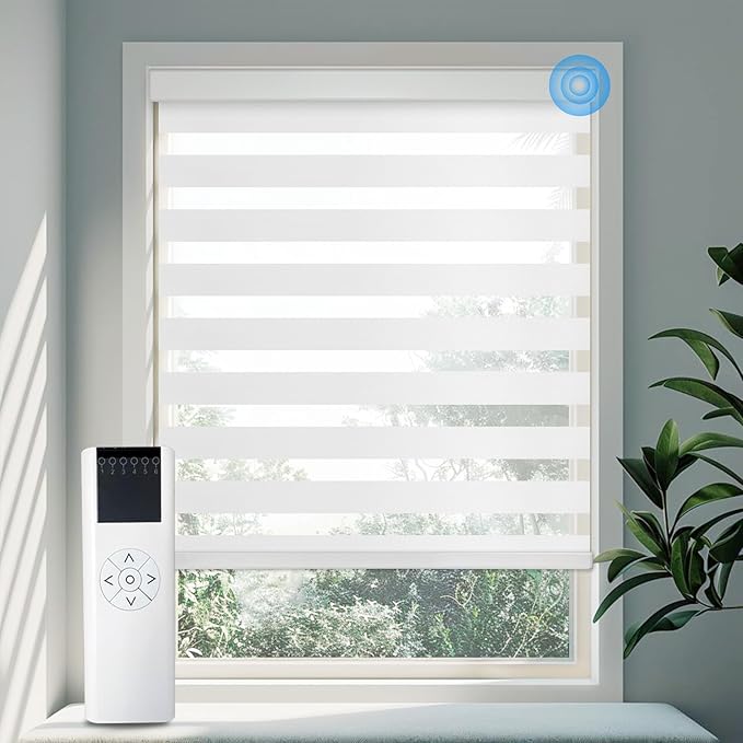 COOLWINDS Motorized Zebra Blinds for Windows Cordless Electric Curtains with Remote Control Blackout Shades Custom Smart Blinds Compatible with Alexa Google Home(Light Filtering White,W25 X 72in)