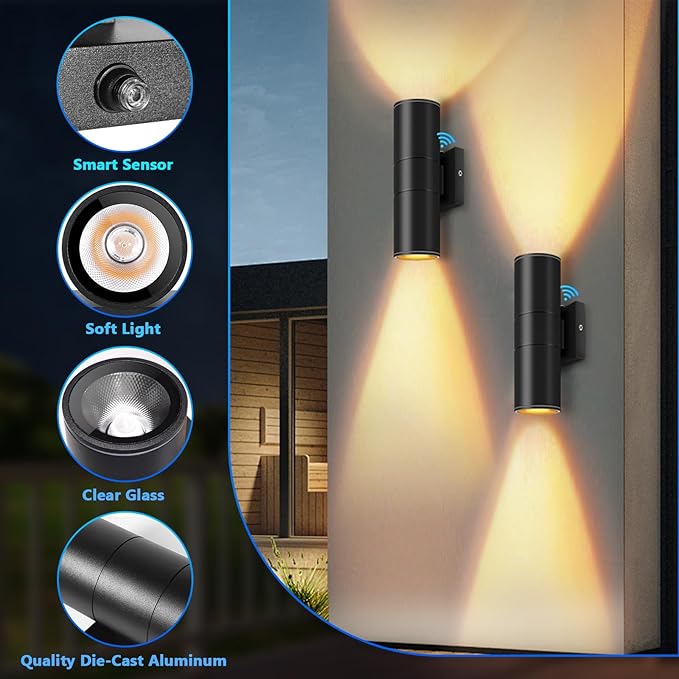 RIDALUX Dusk to Dawn Outdoor Wall Lights: 2 Pack Sensor Waterproof Cylinder Up Down Lights - Aluminum Modern Outdoor Wall Sconce for Porch Patio