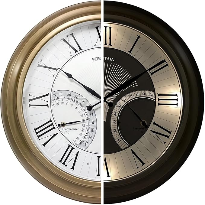 FOUNTAIN DESIGNS 24 Inch in/Outdoor Wall Clock with Temperature and Humidity Combo, Large Outdoor Clock for Patio Large Waterproof with Thermometer,Antique Hamilton Gold Metal