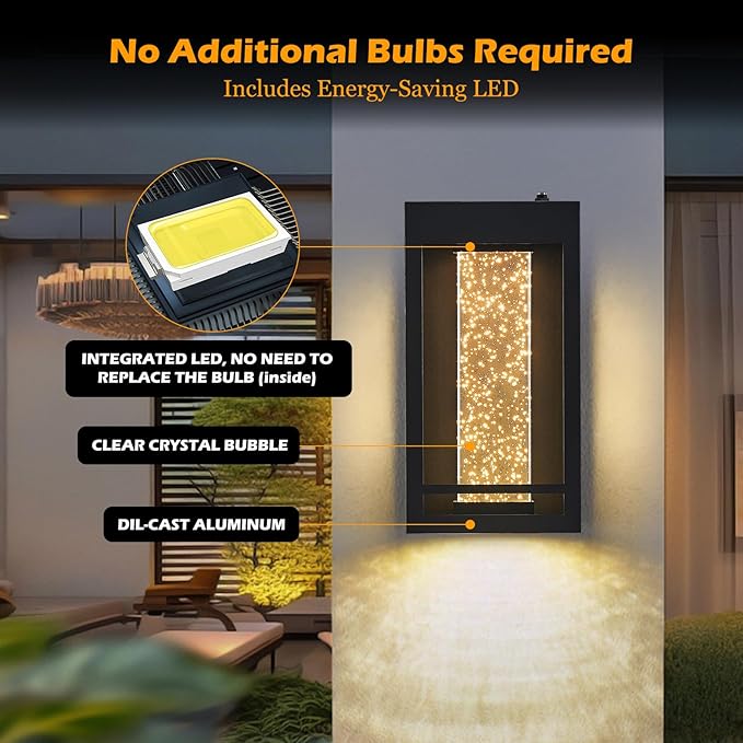 Myhaptim Dusk to Dawn Sensor Porch Lights, Crystal Bubble Exterior Lighting Fixtures, Modern Outdoor Wall Light, Outdoor Lighting Fixture for Porch, 2Pack
