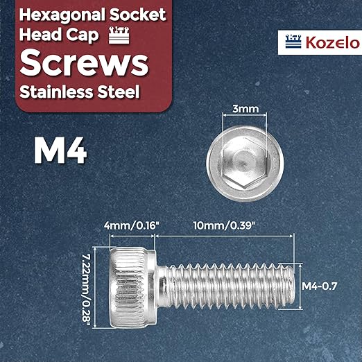 Kozelo 100pcs Socket Head Cap Screws - [M4-0.7 x 10mm] 304 Stainless Steel Allen Socket Drive for Electrical Motor 3D Printing Fan Engine Replacement Use, Silver