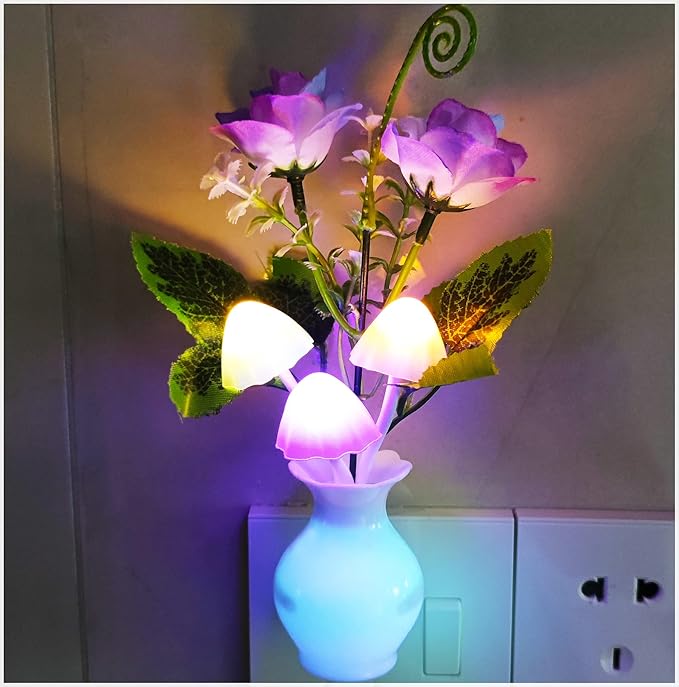 AUSAYE 2Pack Led Night Light Plug in Sensor Light, Energy Saving Lamp Dream Nightlight Rose Flower Mushroom Night Lights for Kids Adults Bedroom,Bathroom,Living Room,Stairs, Kitchen,Hallway