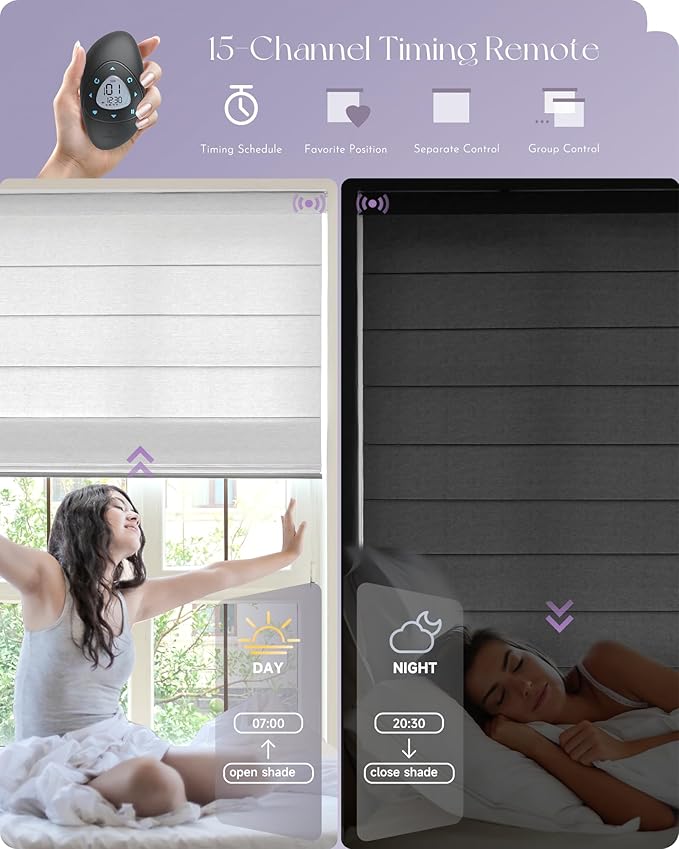 Graywind Smart Roman Shades 60% Blackout Compatible with Alexa Google Rechargeable Motorized Blinds Remote Plain Fold, Custom Size (Light Filtering Matelasse White)