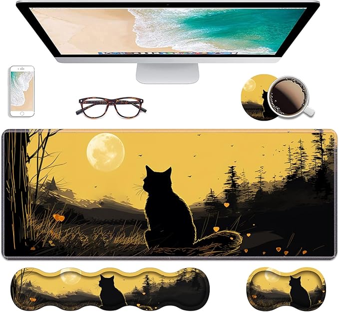 Ergonomic Keyboard Wrist Rest & Mouse Pad Wrist Rest Set, Large XXL Gaming Desk Mat 31.5"x 11.8" with Non-Slip Base, Memory Foam, Easy Typing Pain Relief for Home & Office, Black Cat