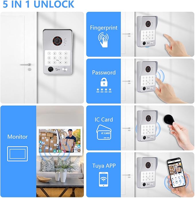 Wired Video Door Phone Apartment Intercom System,7 Inch Touch Monitor with 1080P HD Camera Doorbell,Supporting 5 in 1 Unlocking,Minitoring Motion Detecting for Home Villa,Tuya (1 doorbell + 3 monitor)