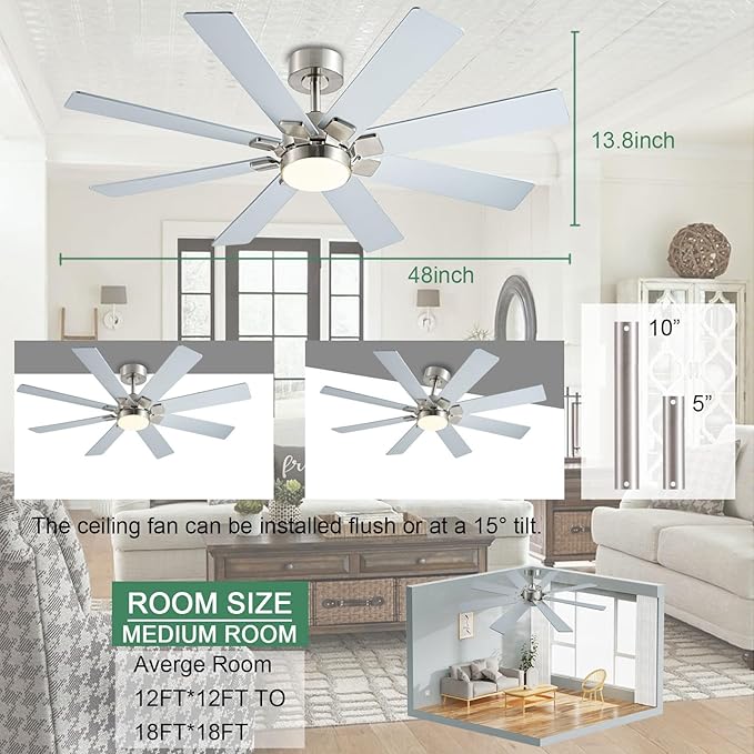 KNUN Nickel 48 Inch Ceiling Fans with Lights and Remote/APP Control, Low Profile Ceiling Fan, 8 Blades，LED Dimmable, Reversible DC Motor, Noiseless, Ceiling Fan for Bedroom Indoor/Outdoor Use