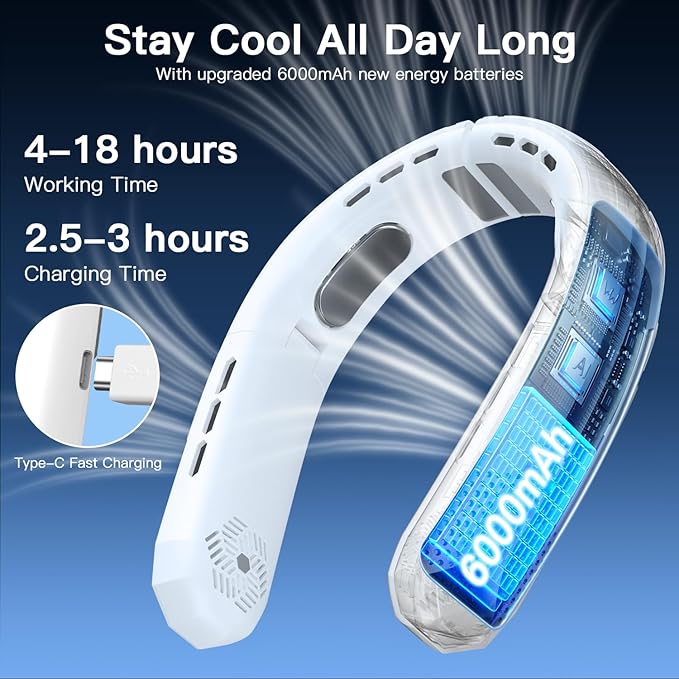 WXX Portable Neck Fan, 6000mAh Battery Neck Fan Rechargeable 360° Cooling Personal Fan 3 Speeds Foldable Quiet Wearable Fan for Travel Outdoor Indoor, Birthday Gifts for Men Women Grey