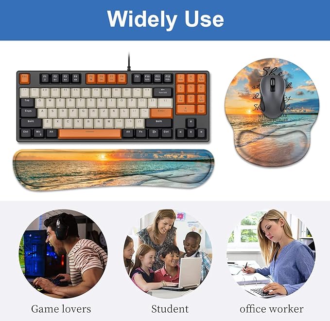 Keyboard Wrist Rest + Mouse Pad Wrist Support Set with Coasters, Non-Slip PU Base Ergonomic Mousepad for Home Office Working Studying Easy Typing & Pain Relief, Bible Verses Proverbs 31:25