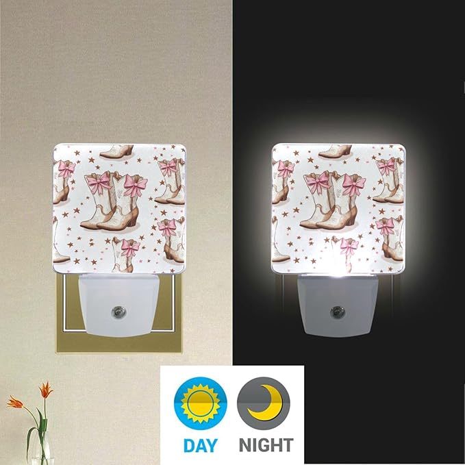 Pigsaly Led Night Light Cowgirl Boots Bows Night Light Plug in Wall Lamp Smart Dusk to Dawn Sensor Nightlight Led Lamp Energy Saving Lights Gift for Kids Room Bedroom Bathroom Hallway