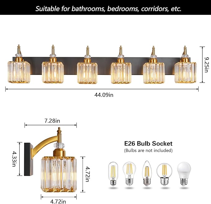 BBLLWJ Modern Black Gold 6 Light Bathroom Vanity Light Crystal Bathroom Light Fixtures Over Mirror