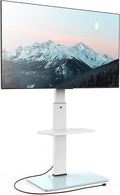 FITUEYES Floor TV Stand for 32-75 inch TV with Power Outlet, Tall TV Stand for Bedroom Living Room with Tempered Glass Base, Floor TV Mount Holds Up to 88lbs MAX VESA 600x400mm,White