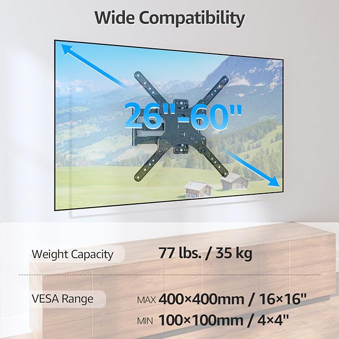 MOUNTUP TV Wall Mounts for Most 26-60 Inches TVs, Full Motion TV Bracket with Swivel and Extension, Articulating Arms, Tilt, Leveling, Single Stud Design, Max VESA 400x400mm up to 77lbs, MU0009