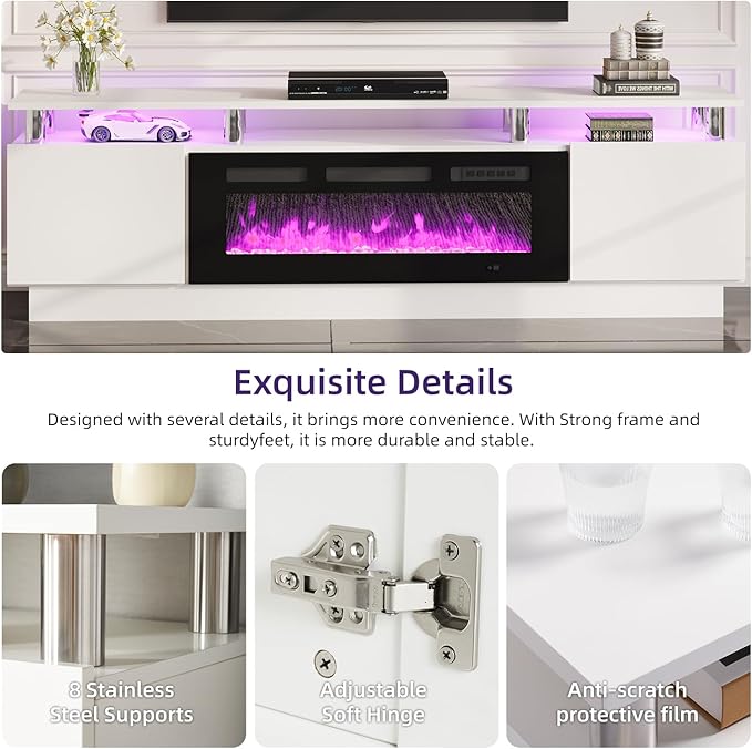 oneinmil Fireplace TV Stand with 36” Electric Fireplace, 80” 2 Tier TV Console Stand for TVs Up to 90"", LED Light Entertainment Center, Fireplace for The Living Room TV Stand, White, H21014WH-80