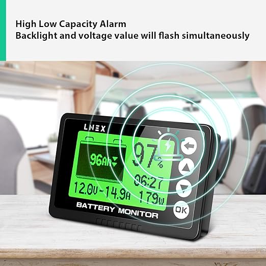 LNEX Portable Battery Monitor with Shunt, 500A Automotive Car Battery Monitor for RV 10V-120V, with High and Low Voltage Programmable Alarm and 26ft Shielded Wire
