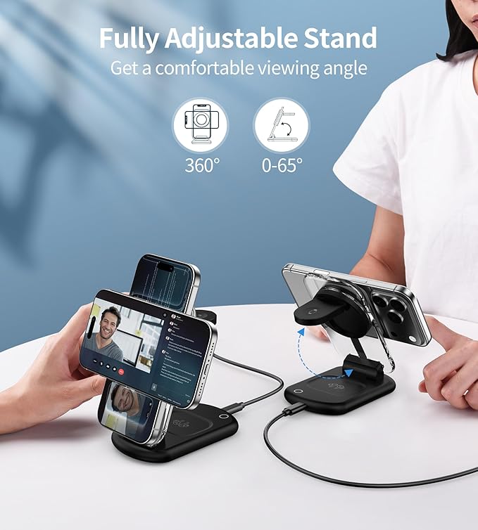 3 in 1 Magnetic Wireless Charging Station for Apple Devices, Fast Foldable Travel Mag-Safe Charger Stand with Night Light for iPhone 17 16 15 14 13 12 Series, Apple Watch/AirPods Pro
