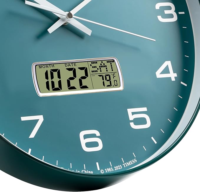 TIMESS Wall Clock, 14" Large Dial Non-Ticking Silent Battery Operated Analog with LCD Display for Perpetual Calendar and F° Temperature, Ideal Modern Home, Bedroom, Kitchen, Office Decor(Green)