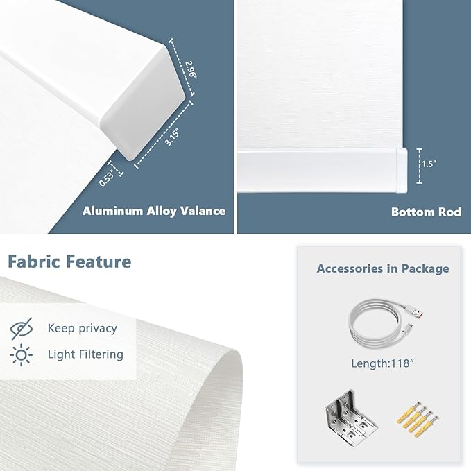 COOLWINDS Motorized Blinds with Remote Cordless Automatic Motorized Shades Custom Blinds for Windows Smart Curtains Compatible with Alexa Google Home(Light Filtering Jacquard White,W30 x H72in)