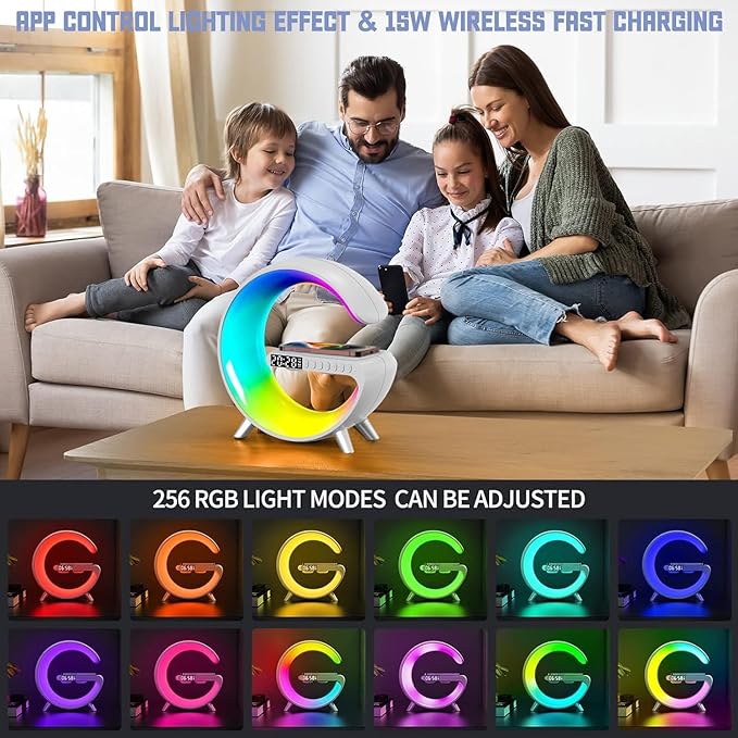 Smart LED Table Lamp, 5-in-1 Night Light Fast Wireless Charging Station, 256 Lights Mode Dimmable Bedside Lamp, Bluetooth Speaker & App Control for Bedroom, Home Decor, Alarm Clock for Festival Gifts