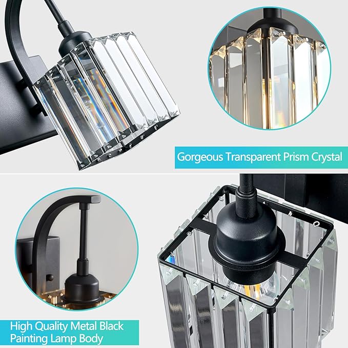 FDPBY Wall Sconces, Set of 2 Black Crystal Vanity Lights, Modern Wall Lamp for Bathroom, Hallway, and Makeup, Easy Installation