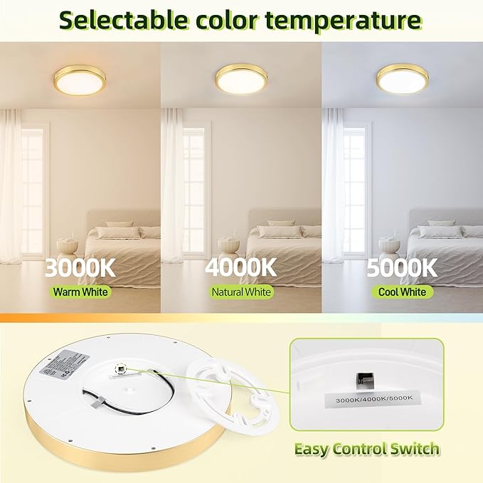 hykolity 9 Inch Selectable CCT LED Round Flat Panel Light, 18W 1800LM 3000K/4000K/5000K, Edge-Lit Flush Mount Ceiling Light Fixture for Kitchen, Bedroom, Laundry and Closet Room, Gold