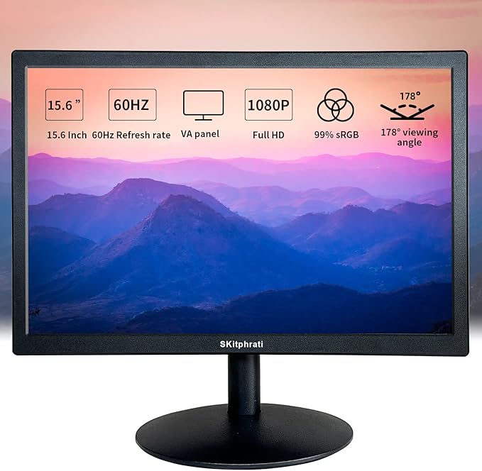 SKitphrati 15.6 Inch Small PC Monitor, FHD VA 1080P Desktop Display with 1920x1080 99% sRGB HDMI VGA Ports, VESA Mounting, LED Monitor for PC, Laptop and Computer, Black