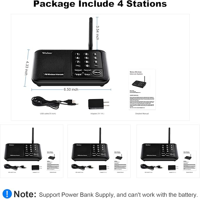Wuloo Intercoms Wireless for Home 5280 Feet Range 10 Channel 3 Code, Wireless Intercom System for Home House Business Office, Room to Room Intercom, Home Communication System (4 Units Set, Black)
