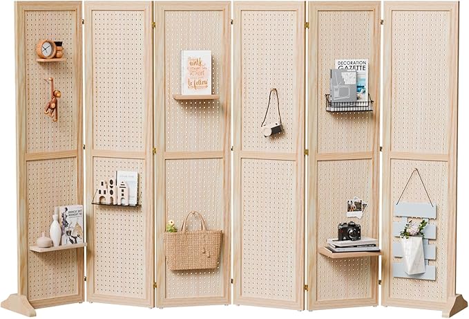 Bonnlo 4/6 Panel Pegboard Freestanding, 5 FT Portable Display Board Organizer for Craft Show Jewelry, Wooden Folding Privacy Screen Room Divider (Natural, 6 Panel with Base)