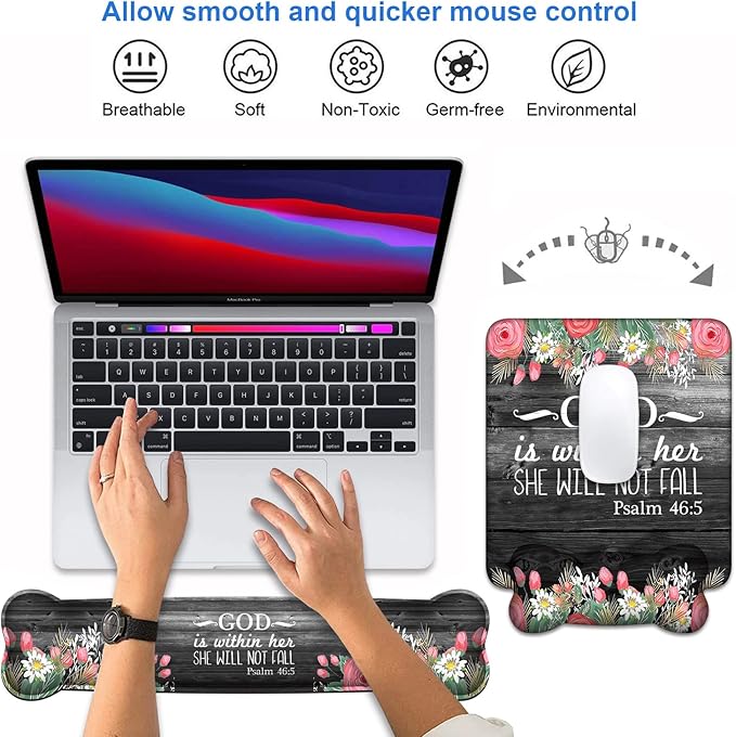 Wrist Rest Support Ergonomic Gel Mouse Pad & Memory Foam Keyboard Set, Non-Slip Rubber PU Base for Home Office Working Studying Easy Typing & Pain Relief - Floral Quote Bible Verses Psalm 46:5