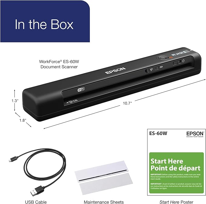 Epson Workforce ES-60W Wireless Portable Sheet-fed Document Scanner for PC and Mac 10.7" x 1.9" x 1.4"
