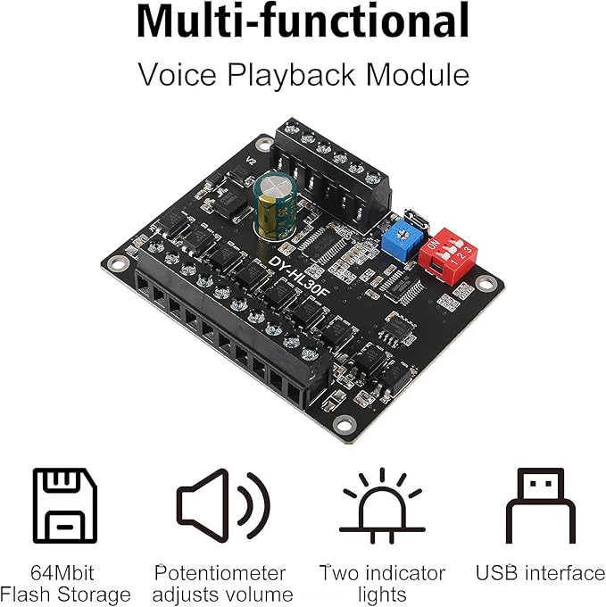 AITIAO 1PCS 30W Voice Playback Module, DC 9-24V Sound Module Music Player Voice Broadcast Device 9 Trigger Interfaces 8 I/O Trigger Modes Built-in 64Mbit Flash Storage