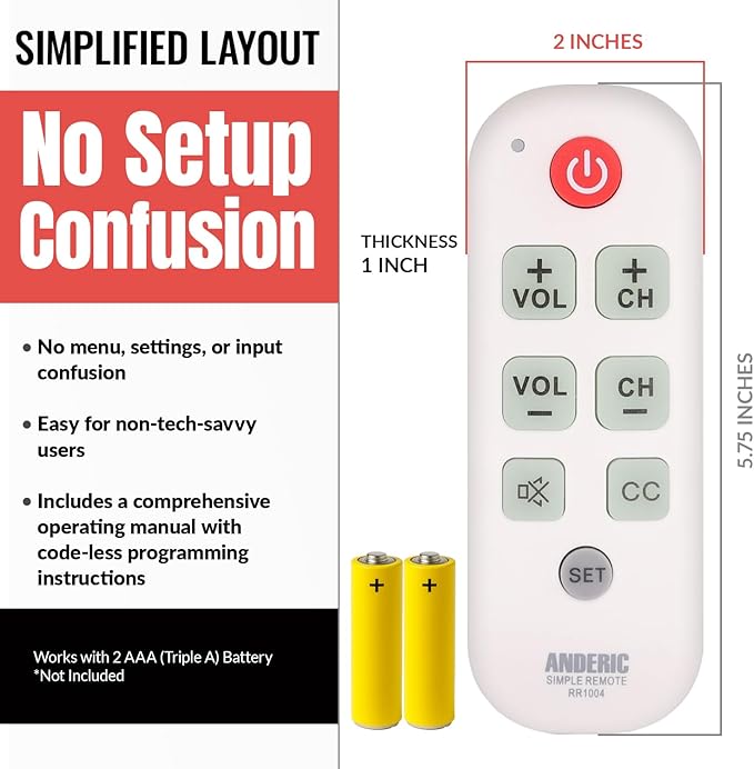 Anderic RR1004 Big Button TV Remote Control – Senior Friendly, Easy-to-use with Glow Keys, Simple Layout – Ideal for Elderly Care & Assisted Living – Compatible with Most IR TVs - White - 2 Pack