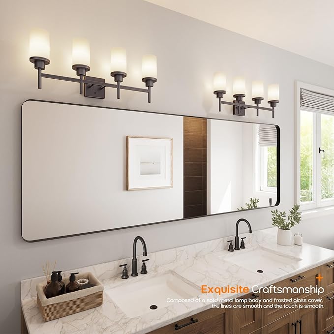 AONEON Bathroom Light Fixtures 4-Light Bathrom Vanity Lightings with White Frosted Glass Shade, Oil Rubbed Bronze Wall Lamps Over Mirror T001ORB-L4
