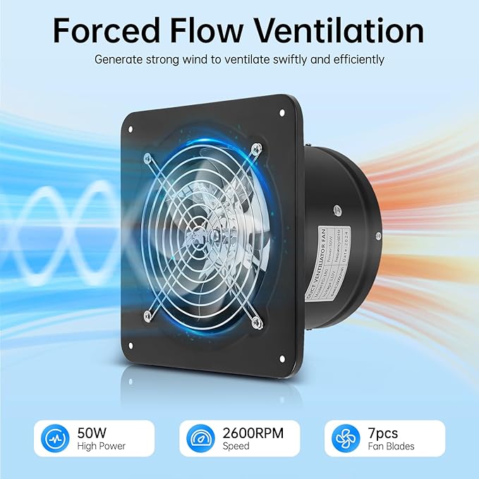 XUFOPLY 7 Inch Exhaust Fan, 110V 100W Wall Mounted Vent Fans 2600RPM Kitchen Bathroom Windows Fan Metal Extractor Fan for Attic, Garage, Window Ventilation (Black, 7 Inch)