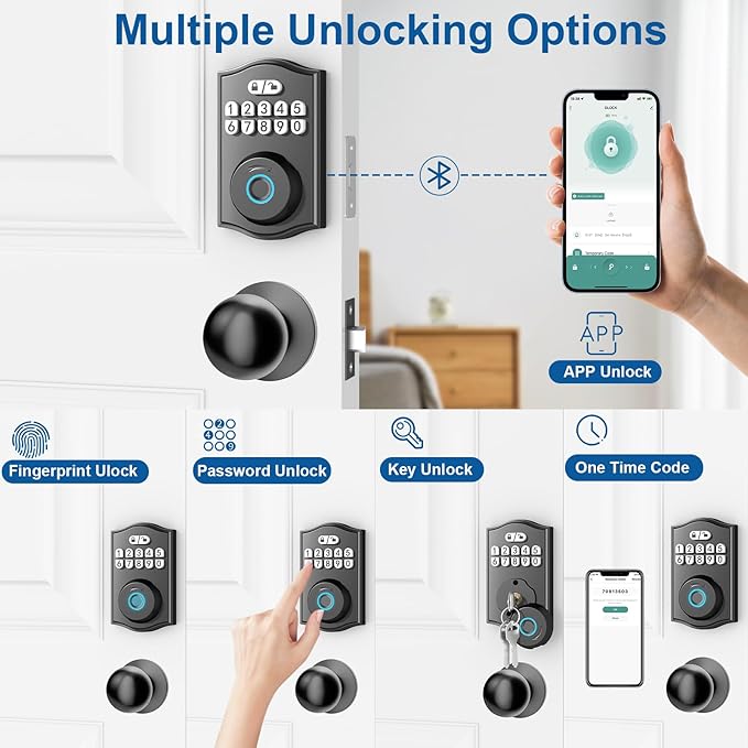 BAFUWEIY Fingerprint Door Lock with Door Knobs Set, Keyless Entry Door Lock Deadbolt with Handle, Smart Front Door Lock Set with APP Control/Fingerprints/Passwords/Auto-Lock/Easy Installation Black