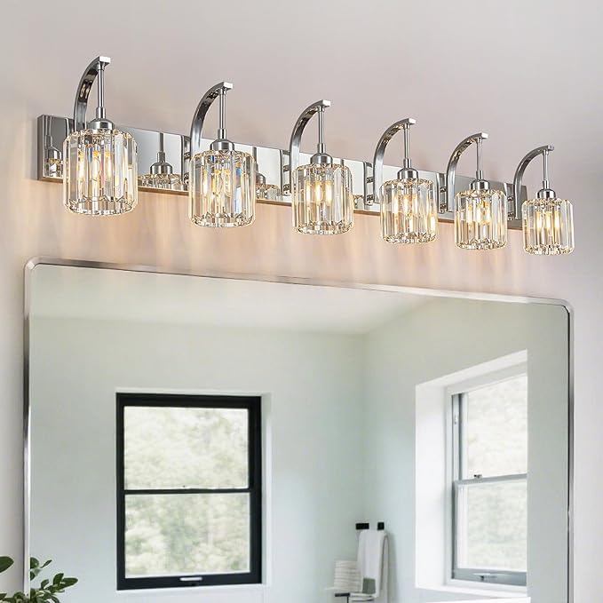 FDPBY 6-Light Crystal Vanity Light, Chrome Modern Wall Sconce with K9 Crystal Shades, 51.18" Long Over Mirror Lighting for Bathroom, Makeup, Hallway, Elegant & Easy Install