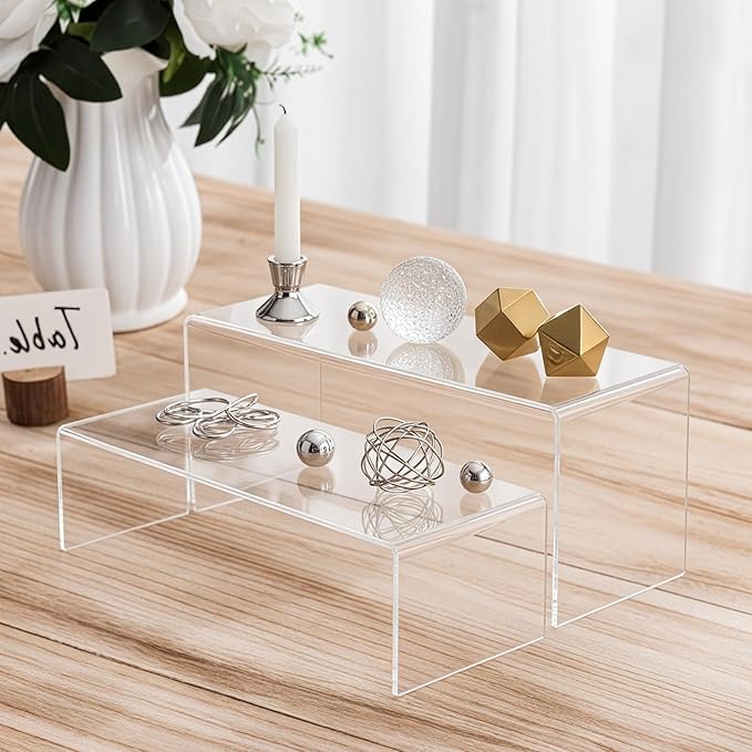 Chuangdi 2 Sets Acrylic Display Risers, Product Stand, Jewelry Display Riser Shelf Showcase Fixtures for Dessert Cupcake Candy Figure Treat Action Showcase (Clear,Extra Large Set)