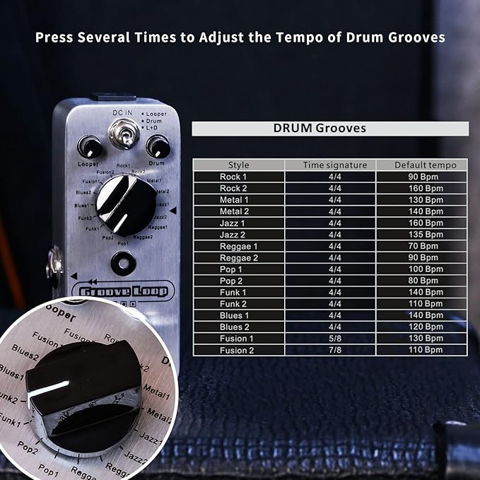 MOOER Groove Loop drum machine with 20 minute finder, 16 different drum grooves, 3 modes, play tempo for loop, record, practice with micro loop drum pedal, mini guitar jamming tool