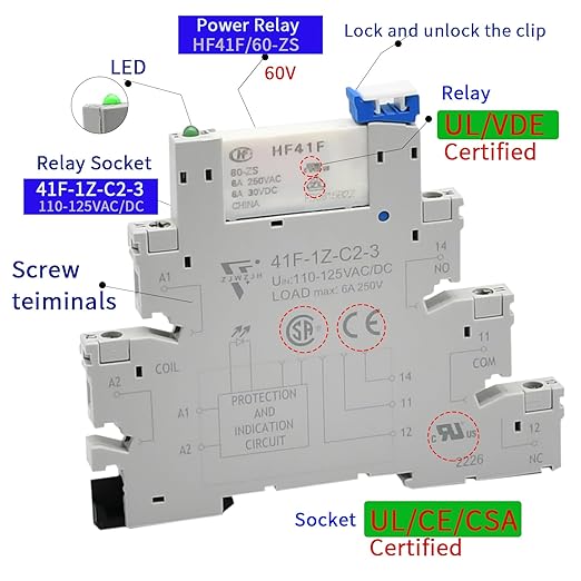 Electromagnetic Relay 60V DC/AC SPDT Converting 110V Through Socket 6A with LED Indicator, Socket Base, DIN Rail, Ultra Thin 6.2mm, UL/CE/VDE Certification
