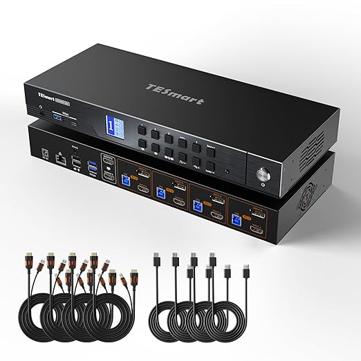 TESmart 4K@144Hz Displayport+HDMI KVM Switch 2 Monitors 4 Computers, HDMI 2.1 & DP 1.4 KVM Switch Dual Monitor 8K@60Hz, Support EDID, Gigabit Network, Hotkey Switch, VRR, All Input Cables