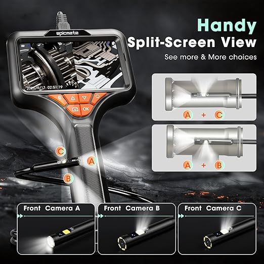 Epicmate Triple Lens Endoscope Camera with Light- 5" 1080P HD Handheld Borescope with 50FT Semi-Rigid Cable, Waterproof Sewer Inspection Camera with 32GB Card, Drain Plumbing Camera & Gifts for Men