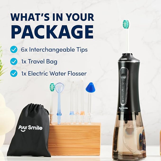 Puur Smile Professional Water Flosser - Advanced Dental Care for a Healthier Mouth, Gum, and Teeth - IPX7 Waterproof Oral Irrigator | 7 Replacement Tips, Travel-Friendly, Rechargeable - Oral Hygiene