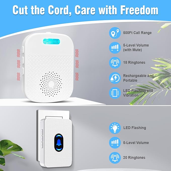 Daytech Wireless Caregiver Pager for Elderly Monitor/Seniors/Patient/Disabled at Home Nurse Alert System 300+ Feet 2 Portable/Vibration Receiver & 1 Call Button & 1 Alert Watch