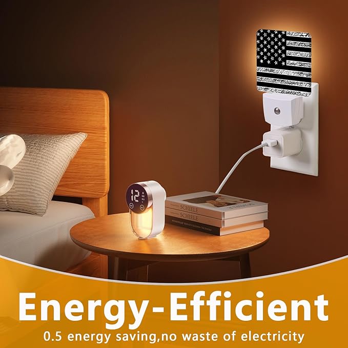 GANTINIR Black White American Flag Night Light, Plug-into USA Flag Nightlight White LED Lamp, Energy Efficient Decor Desk Lamp for Bedroom Hallway Stairs Bathroom