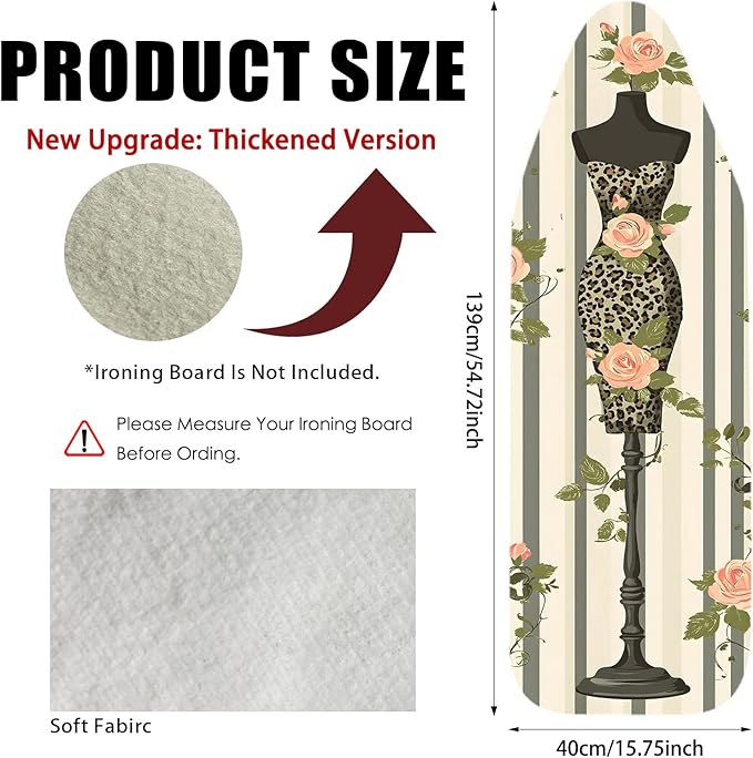 Nuxovilar Ironing Board Cover Needle Cotton 15x54 Inches | Ironing Board Cover and Pad Leopard Floral Dress Form Needle Cotton for Bedroom, Dressing Area, Laundry Room