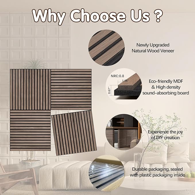 ARMURO Wood Slat Wall Panel - 4 PCS Walnut Wood Panels for Wall, Natural Wood Veneer Acoustic Slat Wood Wall Panels - Wood Slats for Wall Soundproof Wood Panels 23.6" W x 23.6" L