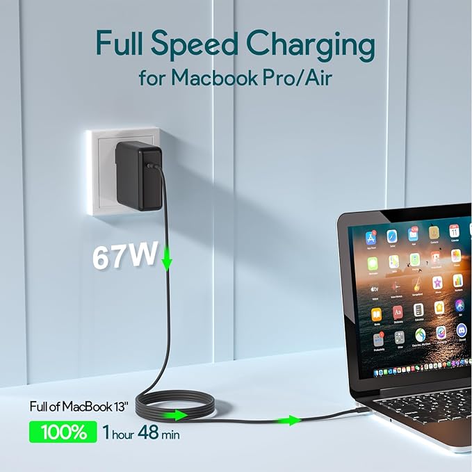 Mac Book Pro Charger, 61W/67W USB C Charger Power Adapter for MacBook Pro/Air 13/14 Inch, for MacBook 12 Inch,Included USB-C Charge Cable (6.6ft/2m) Black