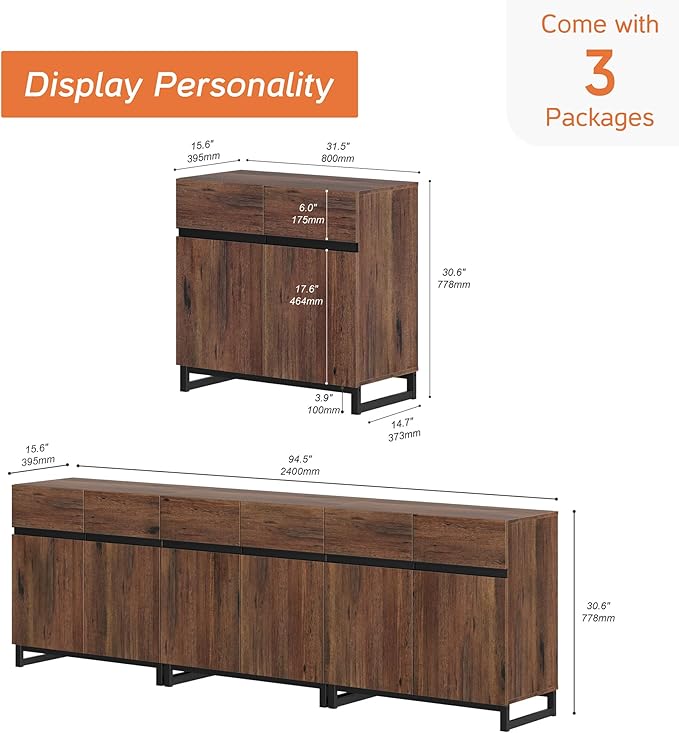 Wampat Modern TV Stand for 100 inch TVs, 3 in 1 Entertainment Center Console with Adjustable Shelves and Metal Base for Living Room, Bedroom, Brown | 3 in 1