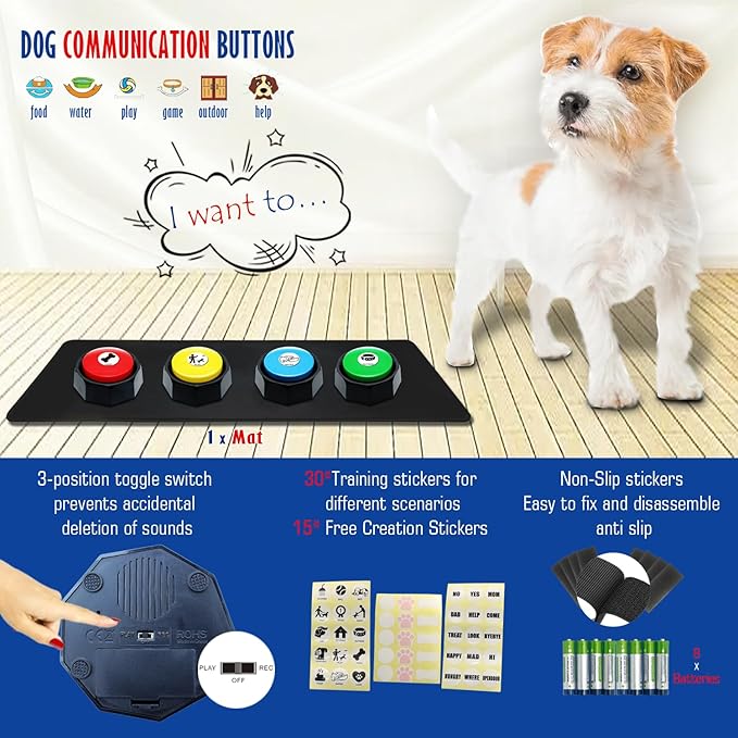 ANLIKY Recordable Buttons, Dog Buttons for Communication, Pack of 4 Colored Buzzers with Mat & 30 Scene Stickers 15 Custom Stickers. Non-Slip Stickers Inside