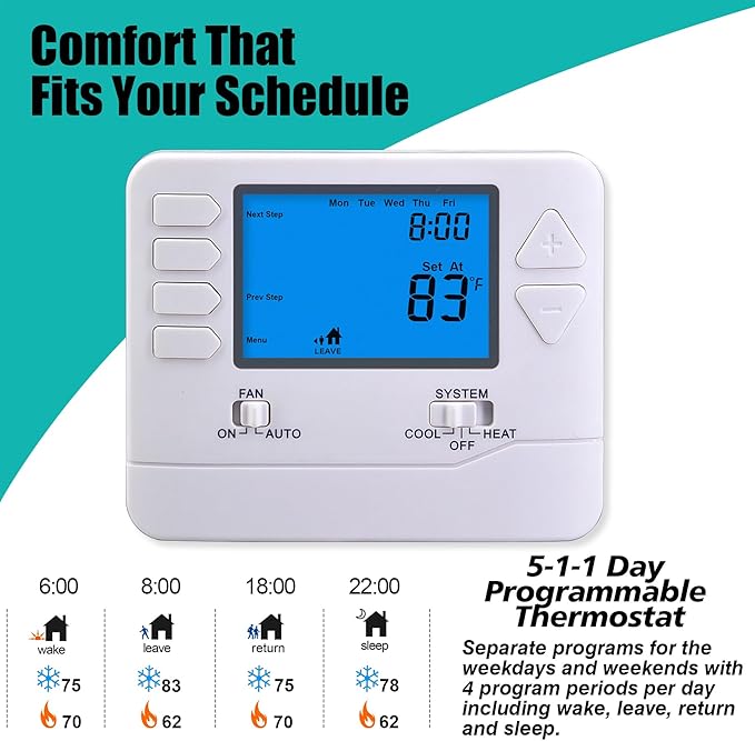 Suuwer 5-1-1 Day Programmable Thermostats for Home 1 Heat/ 1 Cool Conventional Single-Stage Systems