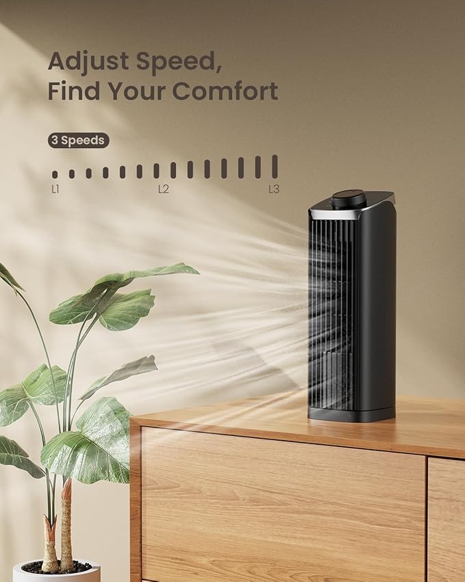PNTCK Fan for Bedroom, 13" Tower Fan, 3 Speeds Max 23ft/s, 70° Oscillating Desk Fan, Bladeless Standing Fan, Portable Fans, 2025 New Cooling Fans for Office, Home